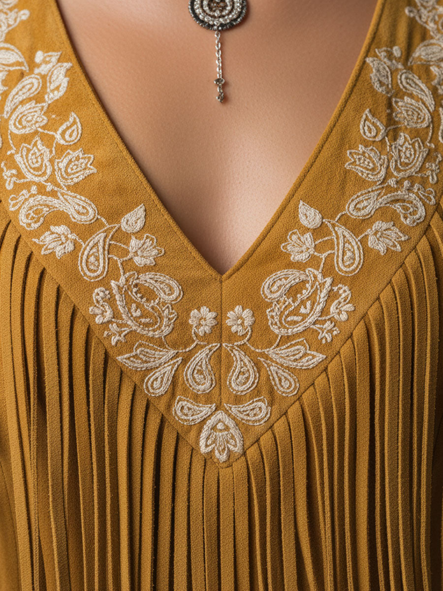 Western-style Retro Embroidered Brown Tassel Sleeveless Faux Suede Midi Dress