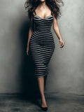 Elegant Metallic Knit Striped Bodycon Midi Dress With Sweetheart Neckline