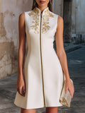 Embroidered Stand-Collar Zip-Front Sleeveless Midi Dress