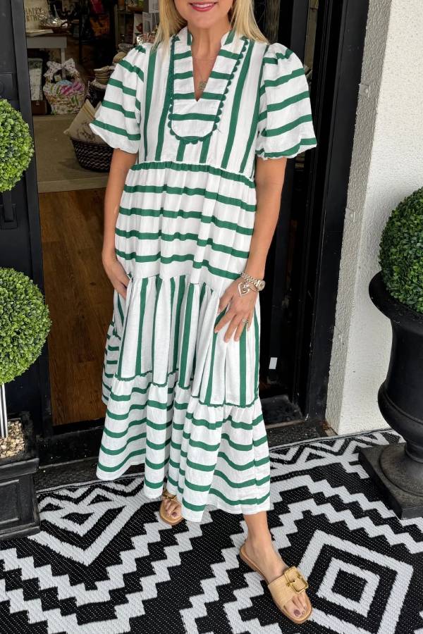 Women's Short Bubble Sleeve Striped Dress With Pockets