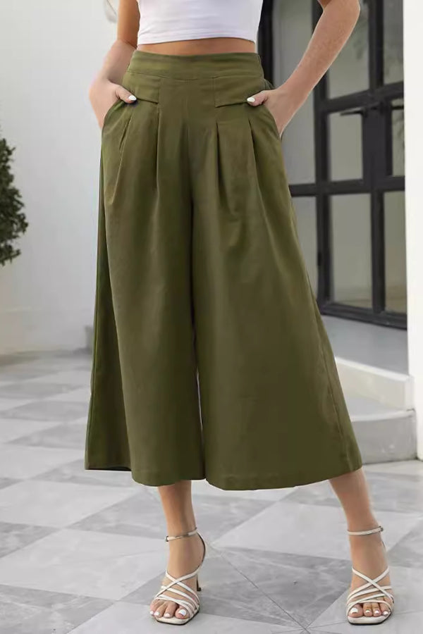 Skirts. Cotton-feel. Elastic Waist. Wide-leg. Nine-point Trousers. Pocket Workwear. Casual Pants. Loose