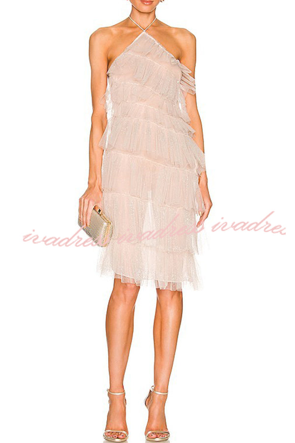 Best Days Patchwork Tulle Sheer Halterneck Pleated Midi Dress