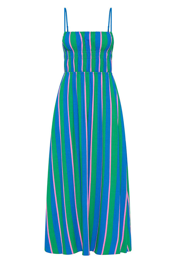 Gigi Linen Blend Stripe Elastic Bodice Pocket Loose Midi Dress