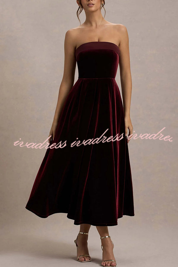 Center of Attention Velvet Satin Neck Bandeau Pleated Midi Dress