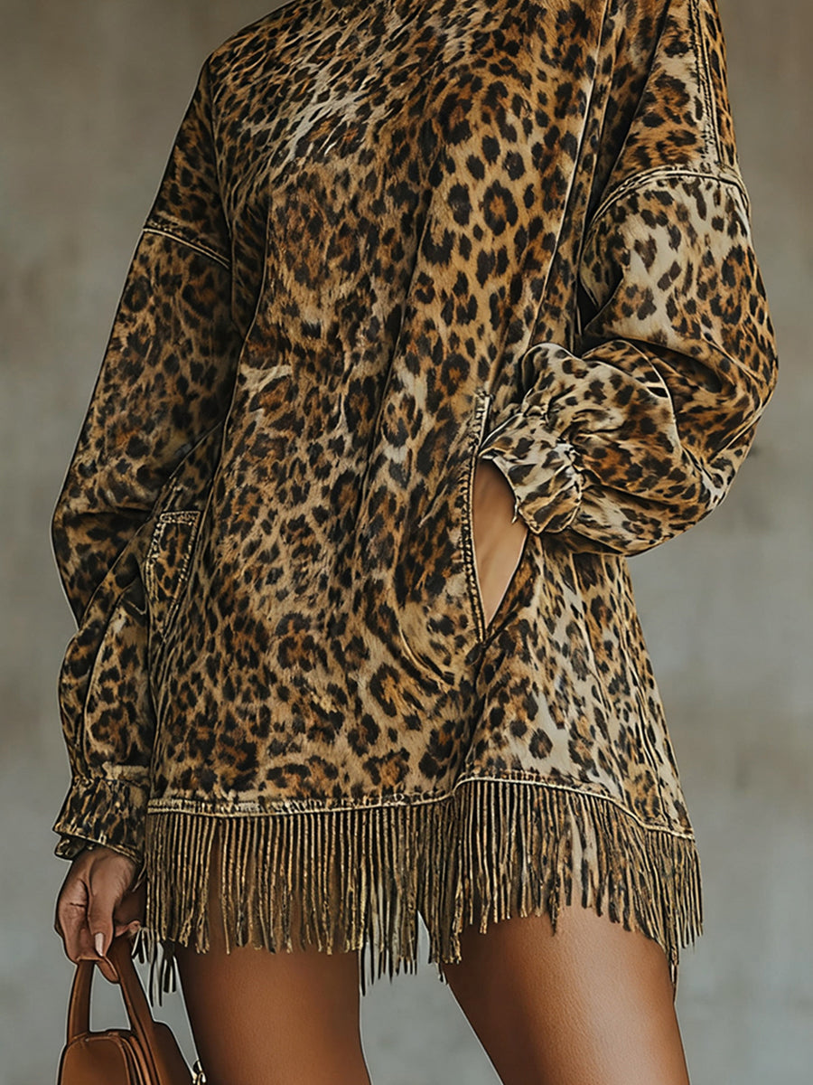 sheenchic Party Khaki Leopard Print High Neck Lantern Sleeve Pocket Fringe Hem Mini Dress