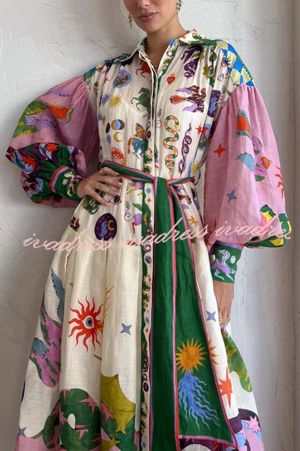 Effortless and Playful Print Balloon Sleeve Shirt Midi Dress