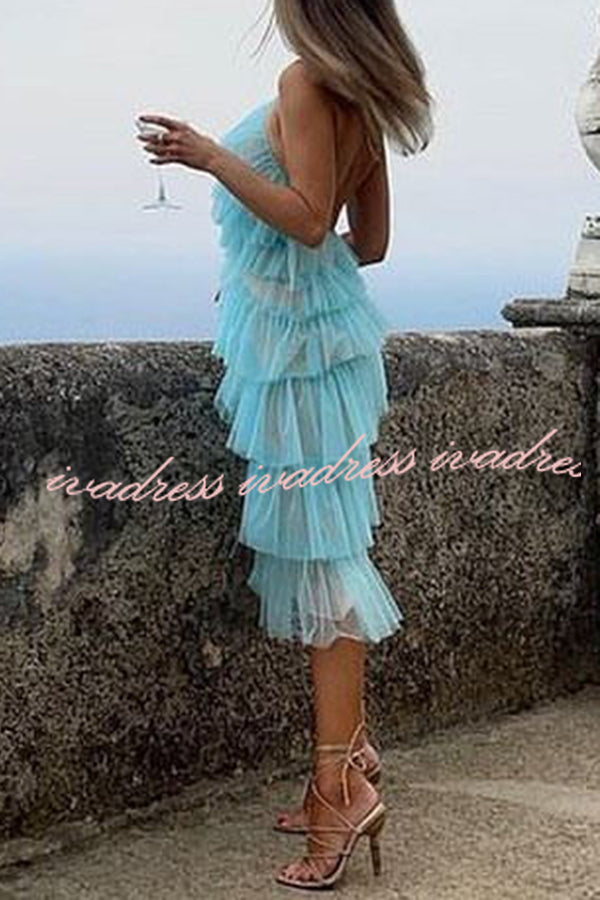Best Days Patchwork Tulle Sheer Halterneck Pleated Midi Dress
