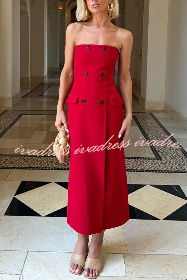 Admire Solid Color Pocket Button Back Zip Off Shoulder Midi Dress