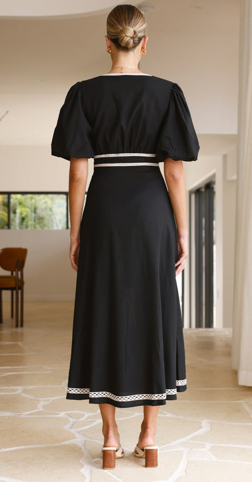 V Neck Puff Sleeve Midi Dress