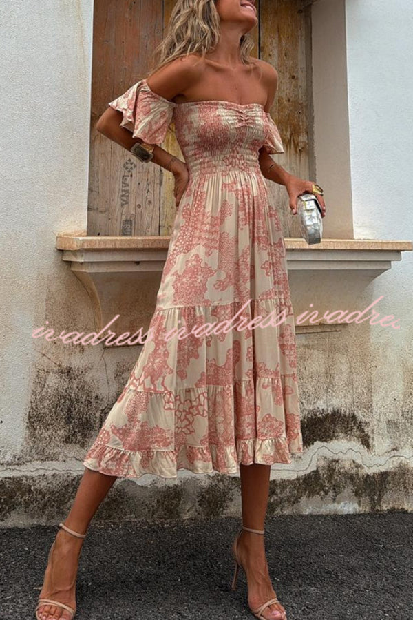 Pitaya Unique Print Off Shoulder Smocked Ruffle Sleeve Layered Midi Dress
