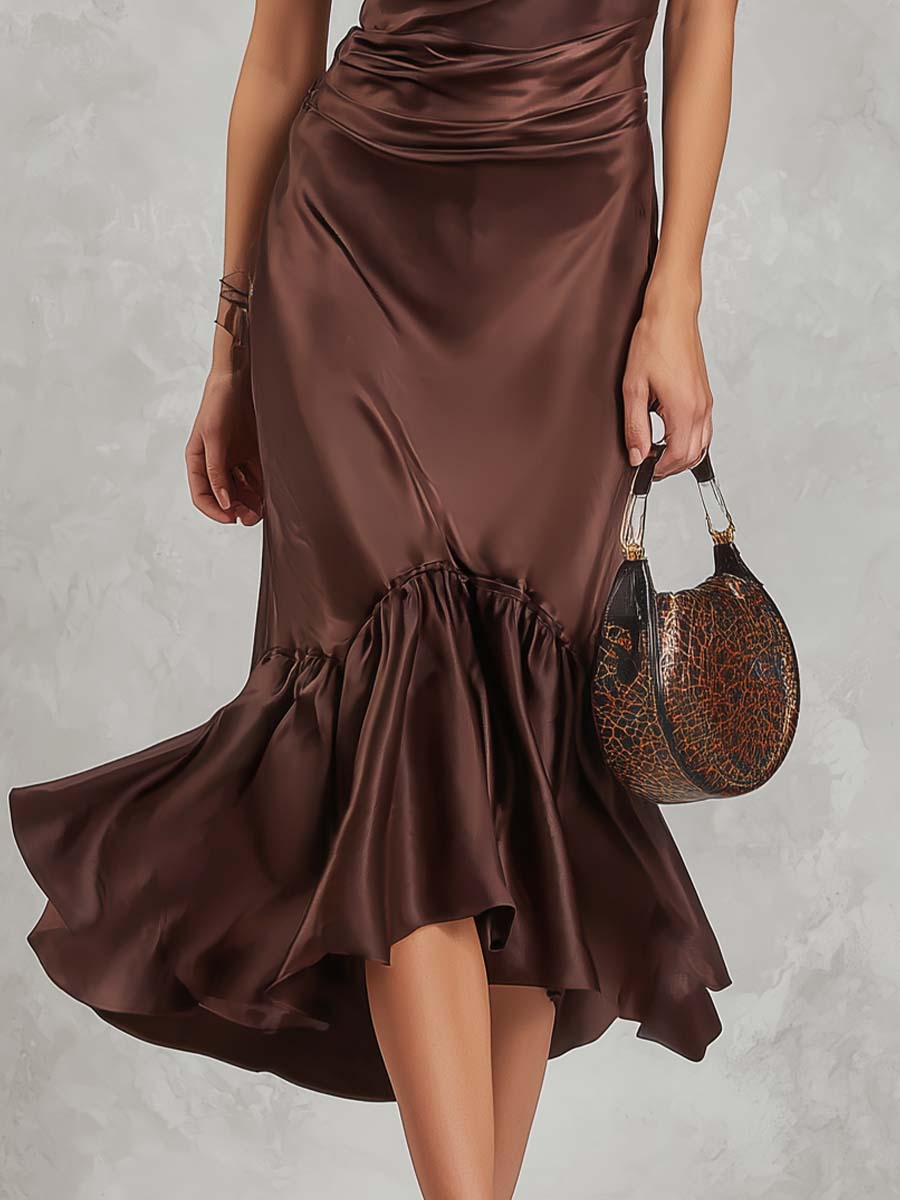 Elegant Vintage Draped Satin Midi Dress