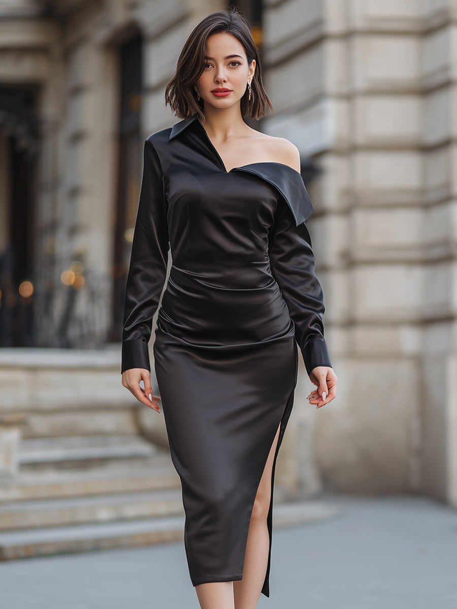 Elegant Asymmetrical Ohe-Shoulder Satin Midi Dress