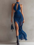 Royal Blue Chiffon Midi Dress With Waist Cutout And Lace Trim