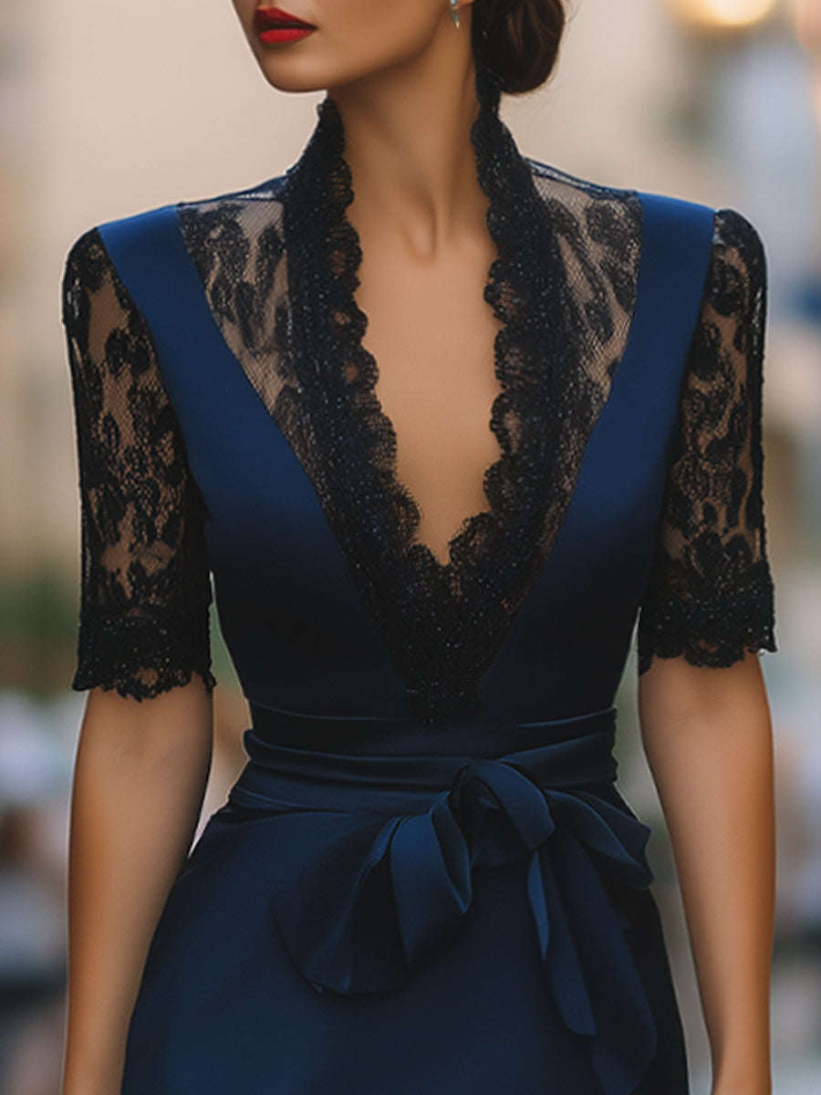 Elegant Lace-Trim V-Neck Belted Midi Dress