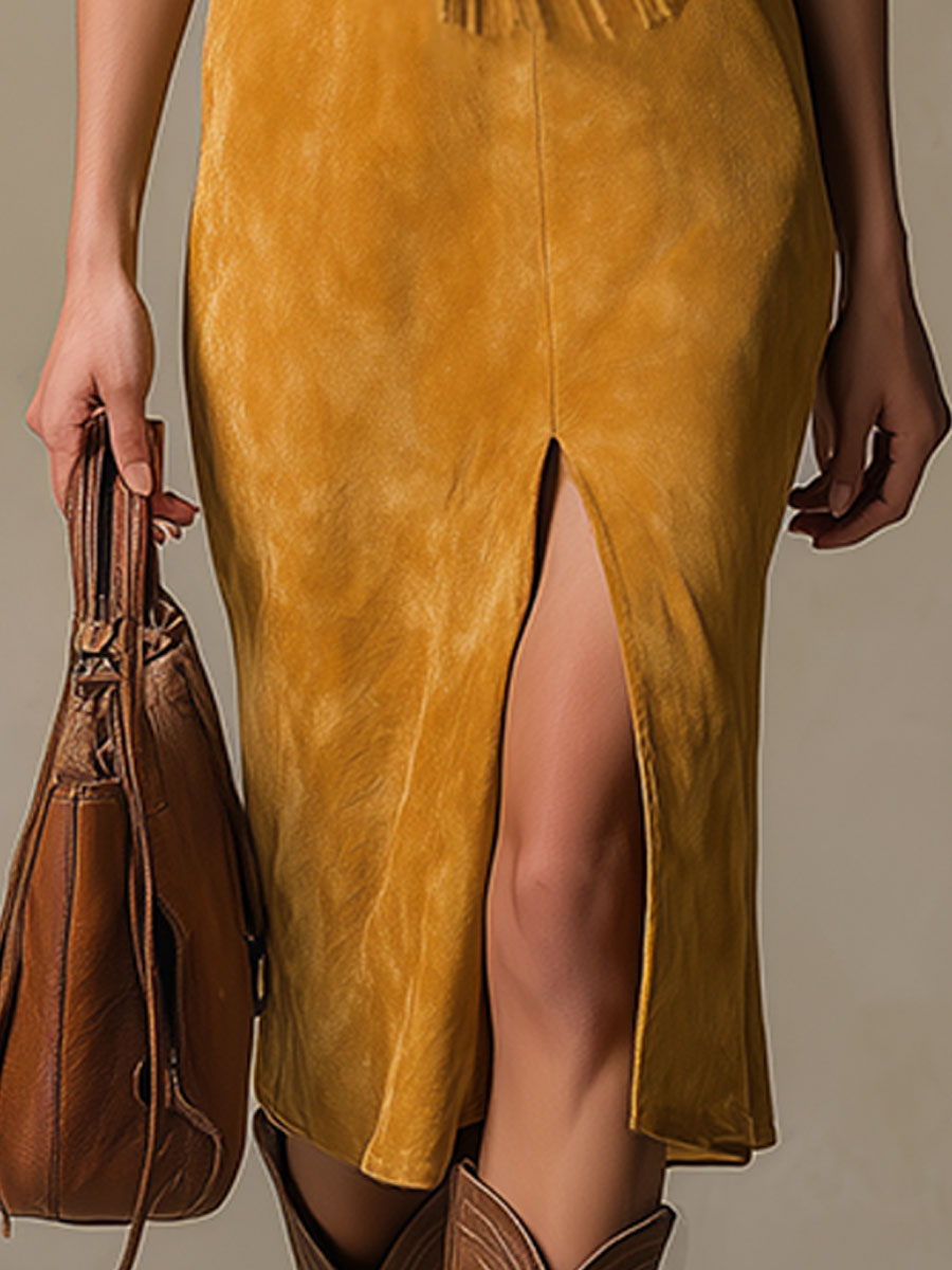 Western-style Retro Embroidered Brown Tassel Sleeveless Faux Suede Midi Dress