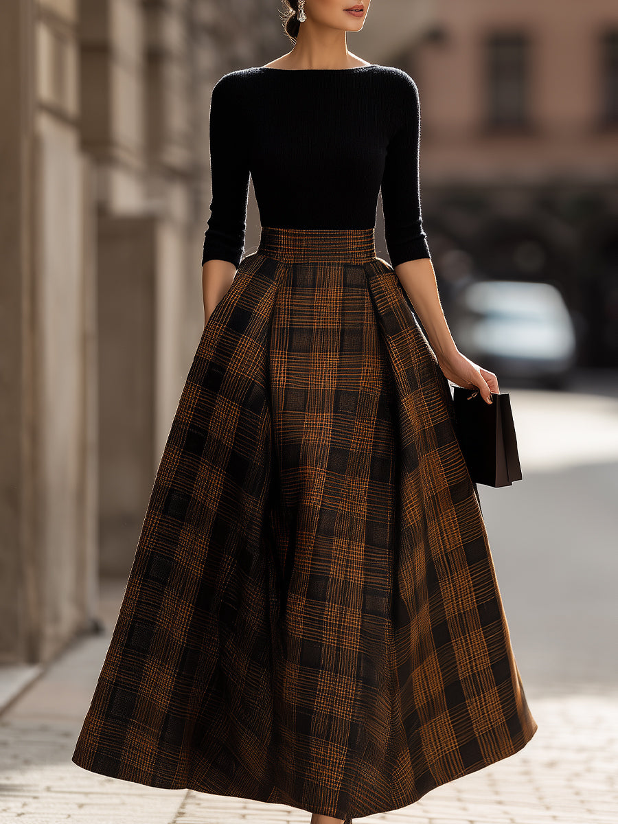 Black Knit & Brown Plaid Voluminous Midi Dress