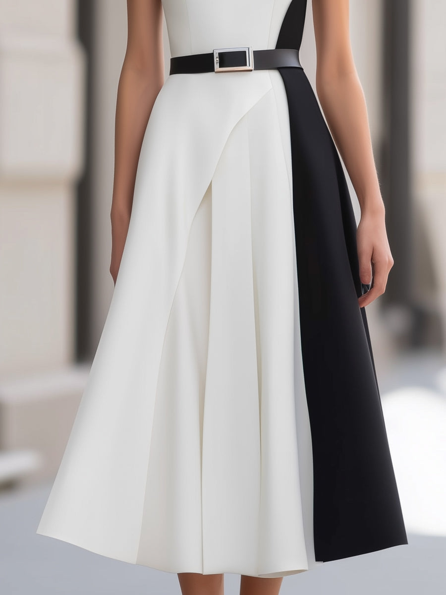 Colorblock Belted A-Linee Sleeveless Midi Dress