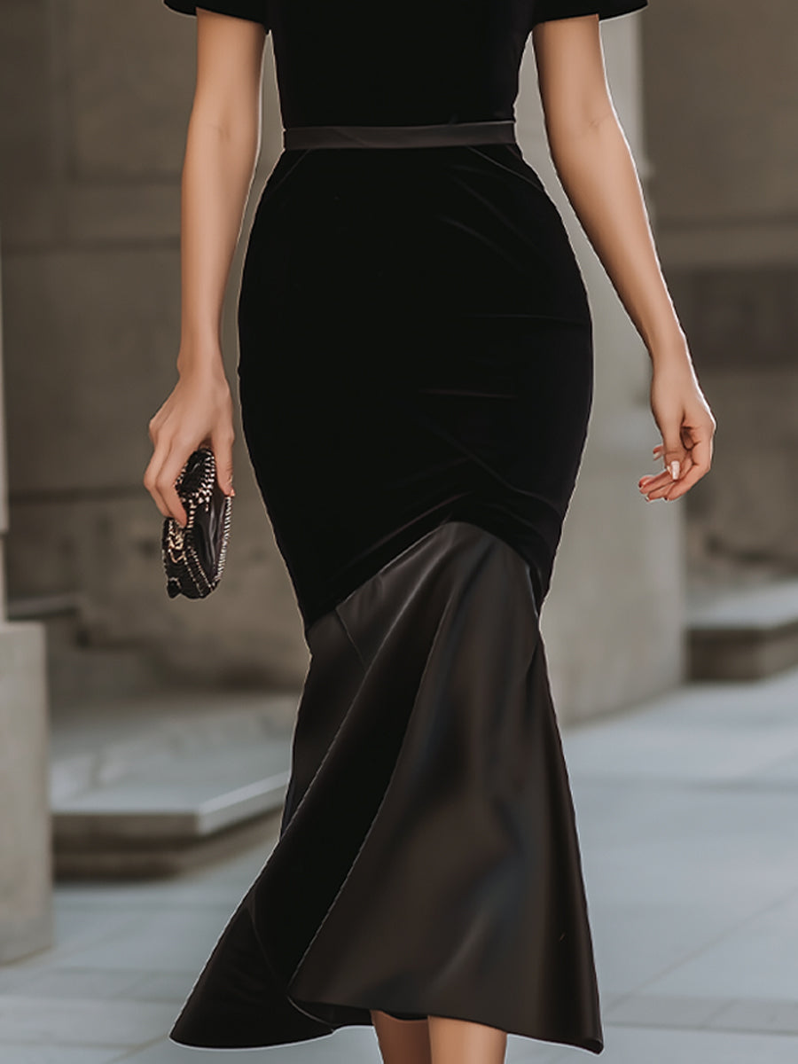 Black Velvet & Satin Mermaid Midi Dress