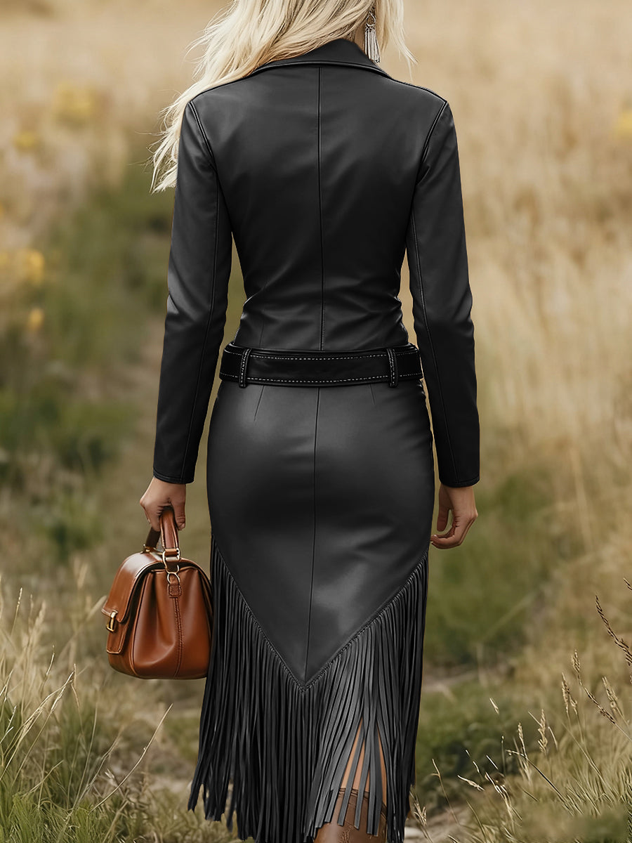 sheenchic Daily Black Shirt Collar Long Sleeve Strappy Western Zipper PU Leather Midi Dresses (No Belt)