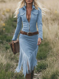 Festival Blue Turndown Collar Long Sleeve Strappy Western Pocket Chamois Midi Dresses