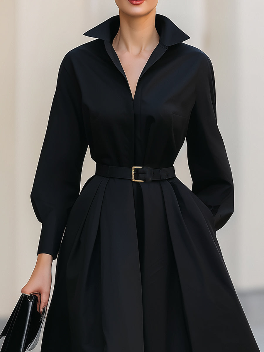 Black Shirt Collar Midi Dress