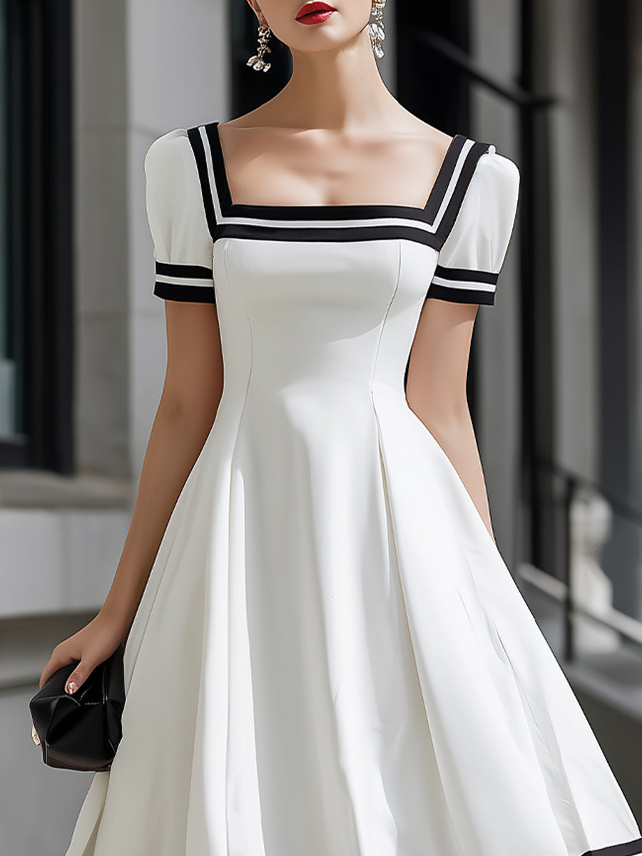 Vintage Contrast-Trim Square Neck Midi Dress