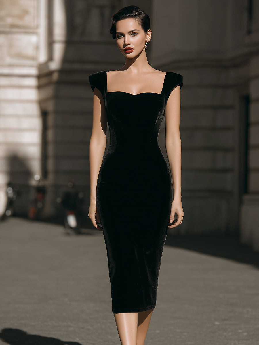 Vintage Glamour Velvet Midi Dress – Square Neck Bodycon With Cap Sleeves
