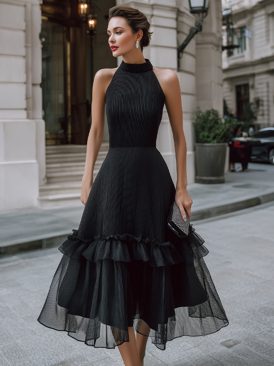 Alter Neck Pleated Midi Dress With Tiered Ruffle Hem