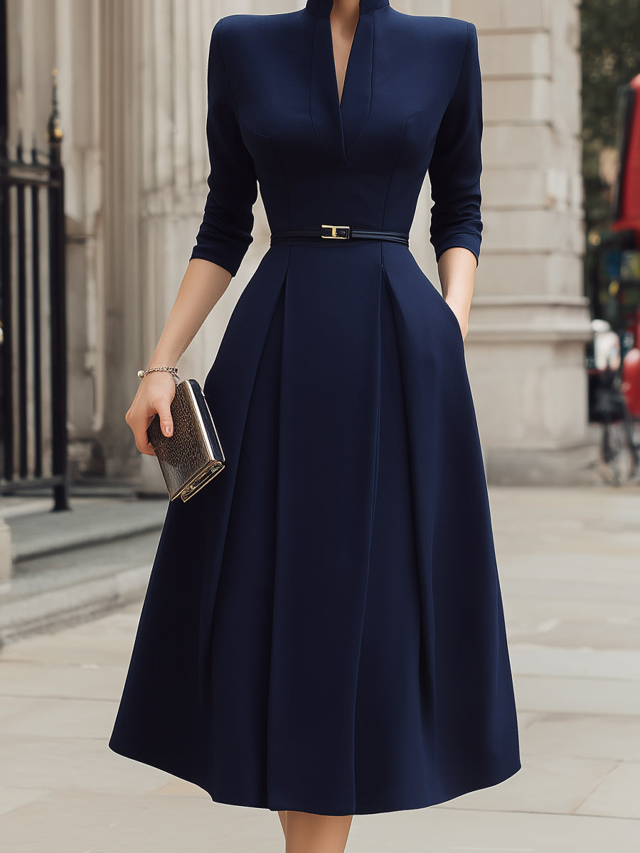 Structured Notch Neck Belted Midi Dress