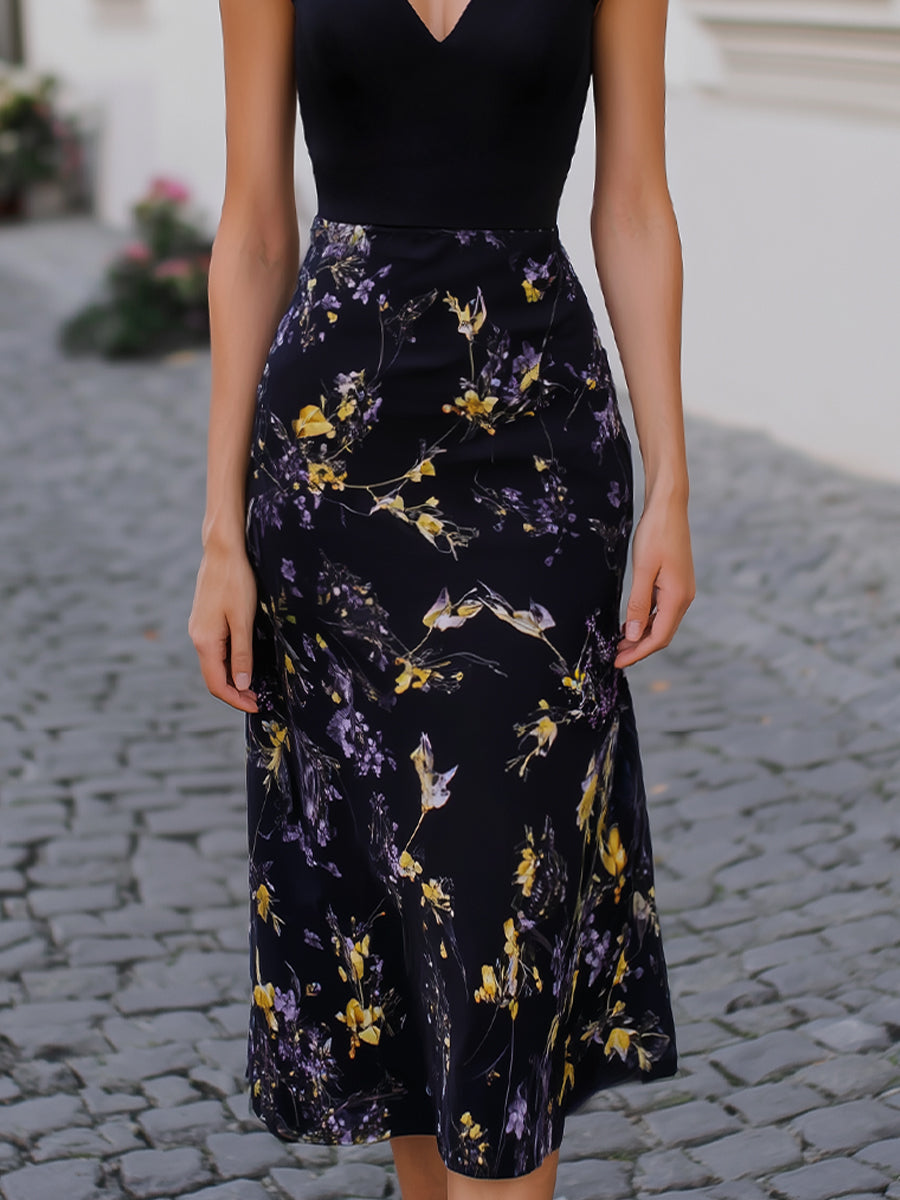 V-Neck Ruffle-Shoulder Floral Midi Dress