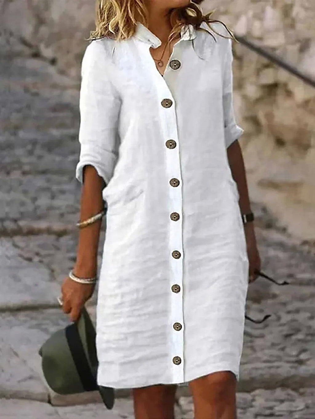 Casual Solid Single Breasted Half Sleeve Midi Dress