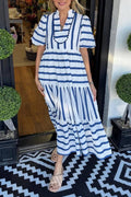Women's Short Bubble Sleeve Striped Dress With Pockets