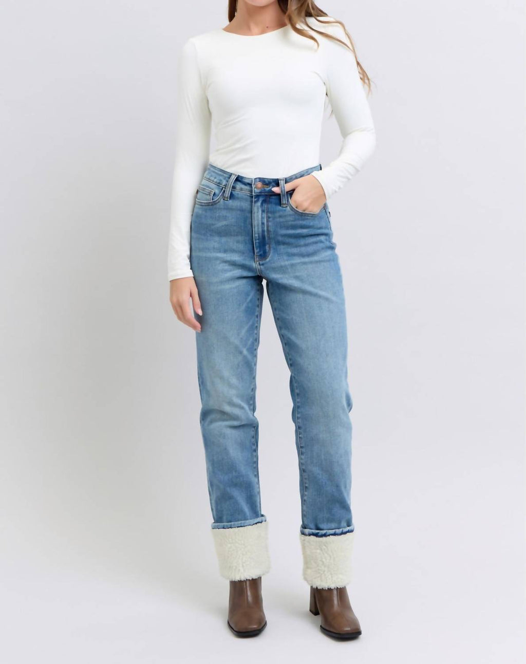 Judy Blue - High Waist Shearling Cuff Straight Leg Jeans