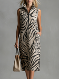 Stylish Retro-style Lapel Zipper Sleeveless Zebra Print Midi Dress