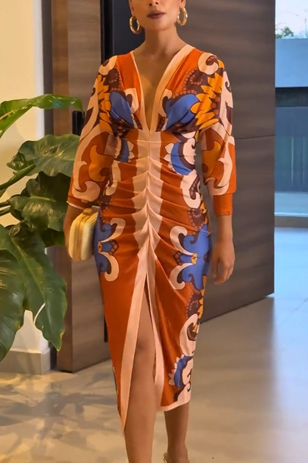 Bahamas Unique Print Dolman Long Sleeve Ruched Slit Midi Dress