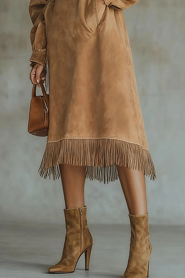 Solid Color Suede Loose Long-sleeved Casual Pocket Tassel Hem Midi Dress