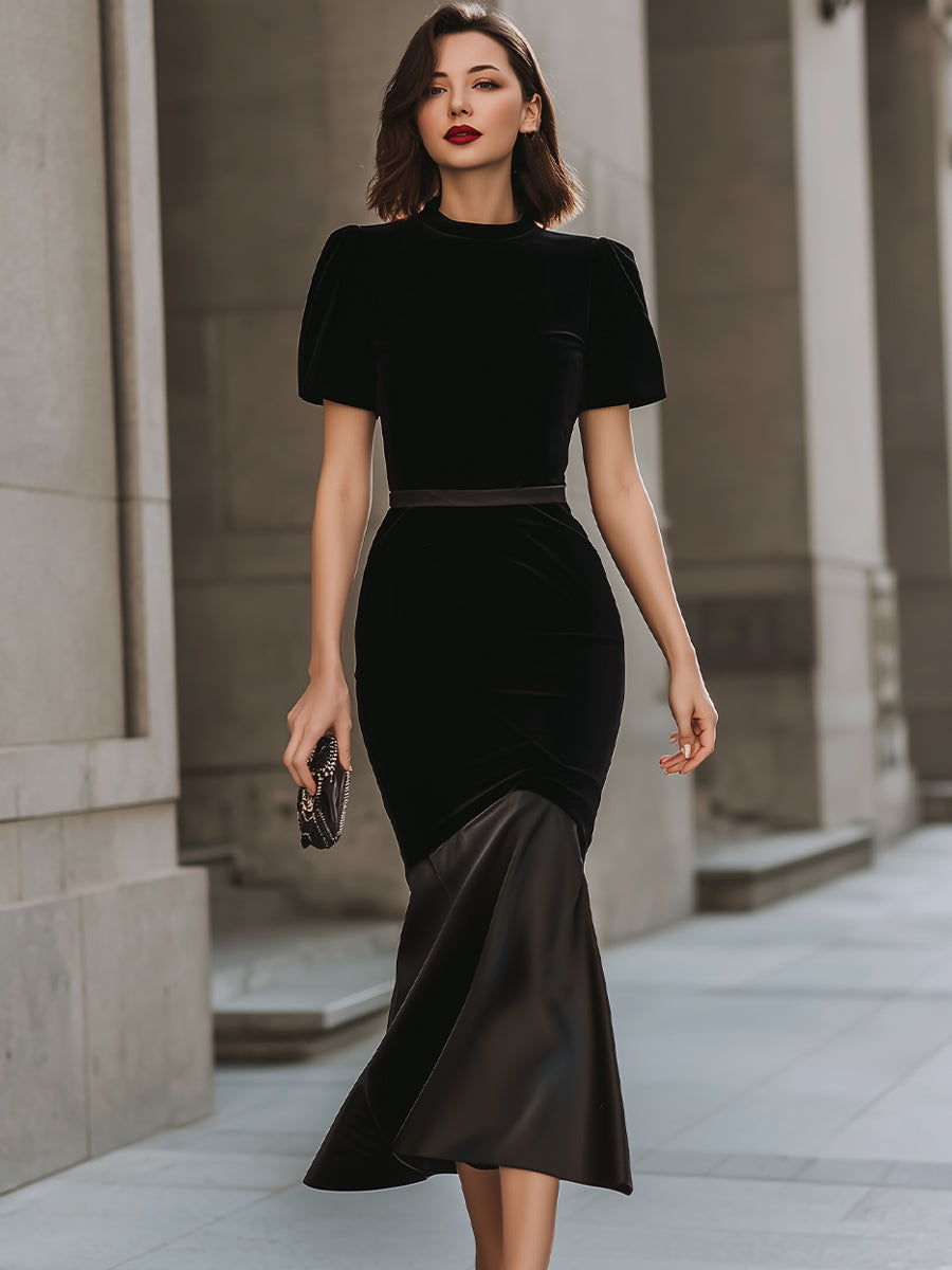 Black Velvet & Satin Mermaid Midi Dress