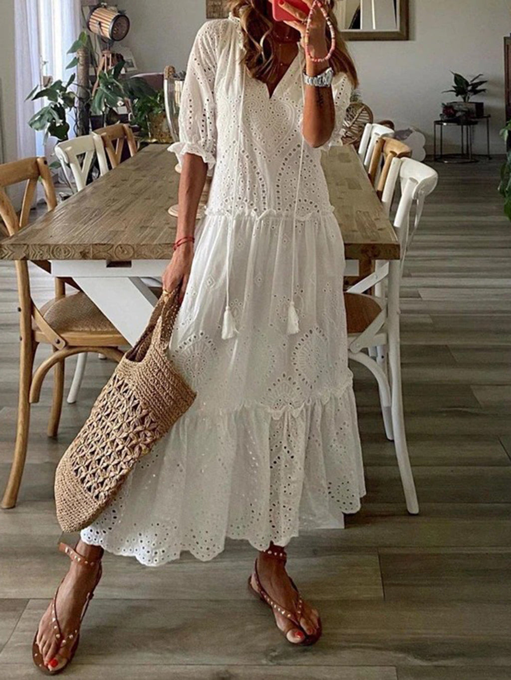 Retro Half Sleeve Casual V Neck Midi Dress