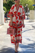 Pop of Red Ethnic Print Belted Kimono and Elastic Waist Pocket Cropped Pants Set