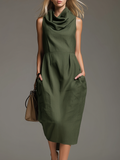 Casual And Stylish Sleeveless Cowl Neck And Pockets Midi Dress