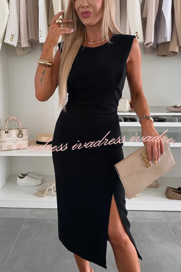 Charming Lady Solid Color Round Neck Sleeveless Waisted Slit Stretch Midi Dress