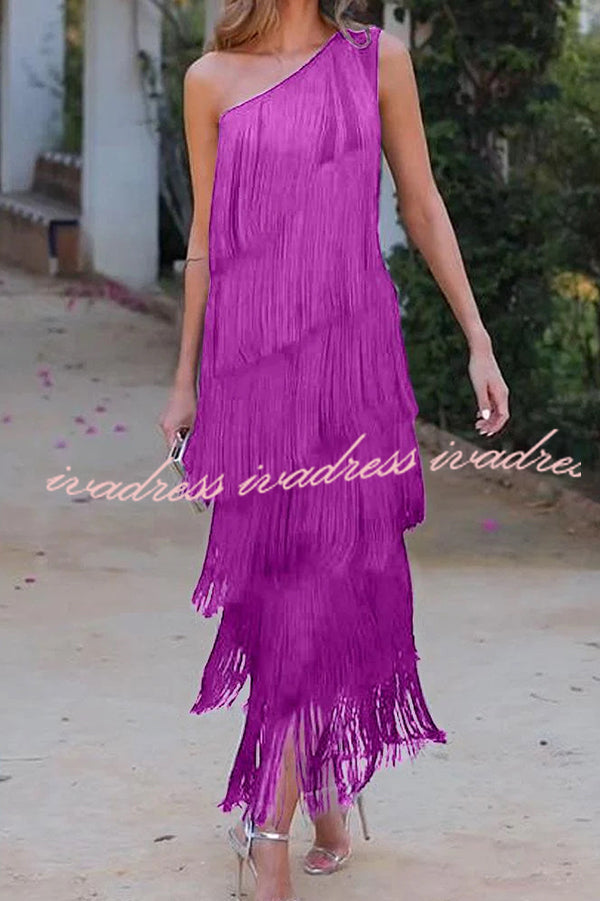 Stylish Fringed One Shoulder Asymmetric Midi Dress