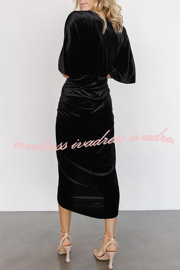 Brendy V Neck Half Sleeve Velvet Pleated Midi Dress