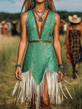 sheenchic Western Patterned Deep V Neck Sleeveless Fringe Midi Dress