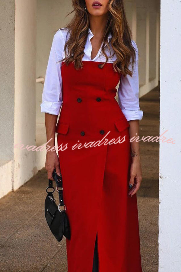 Admire Solid Color Pocket Button Back Zip Off Shoulder Midi Dress
