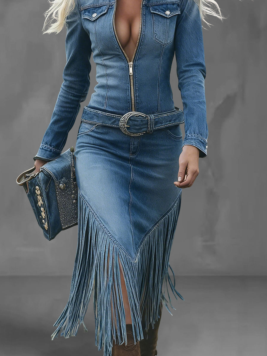 sheenchic Western Blue Shirt Collar Long Sleeve Half Zip Fringe Hem Denim Midi Dress