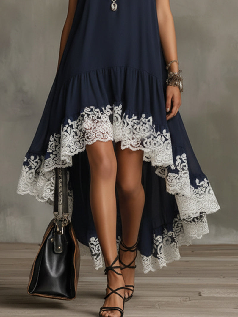 Navy Sleeveless High-Low Dress With White Lace Hem