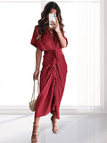 Solid V Neck Ruched Detail Button Through Dress