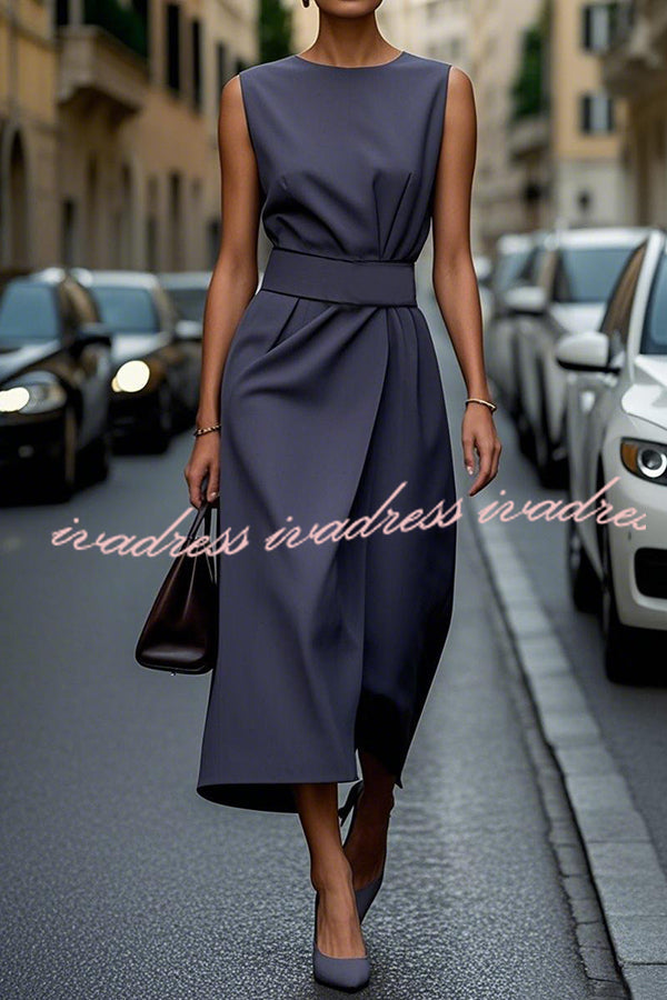 Solid Color Sleeveless Round Neck Casual Midi Dress