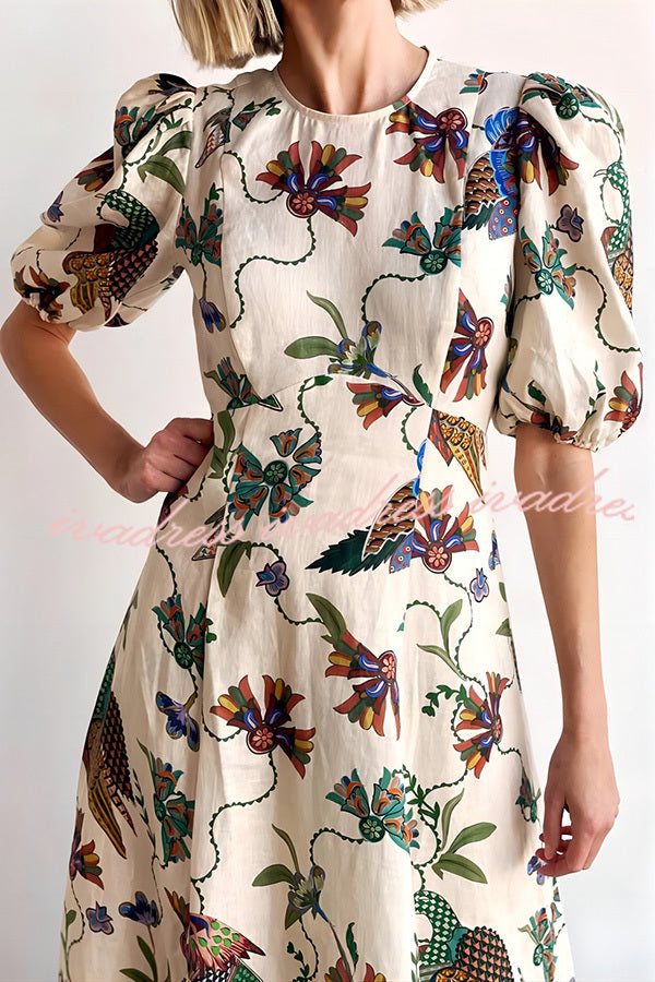 Level Up Floral Heaven Bird Print Puff Sleeve Midi Dress